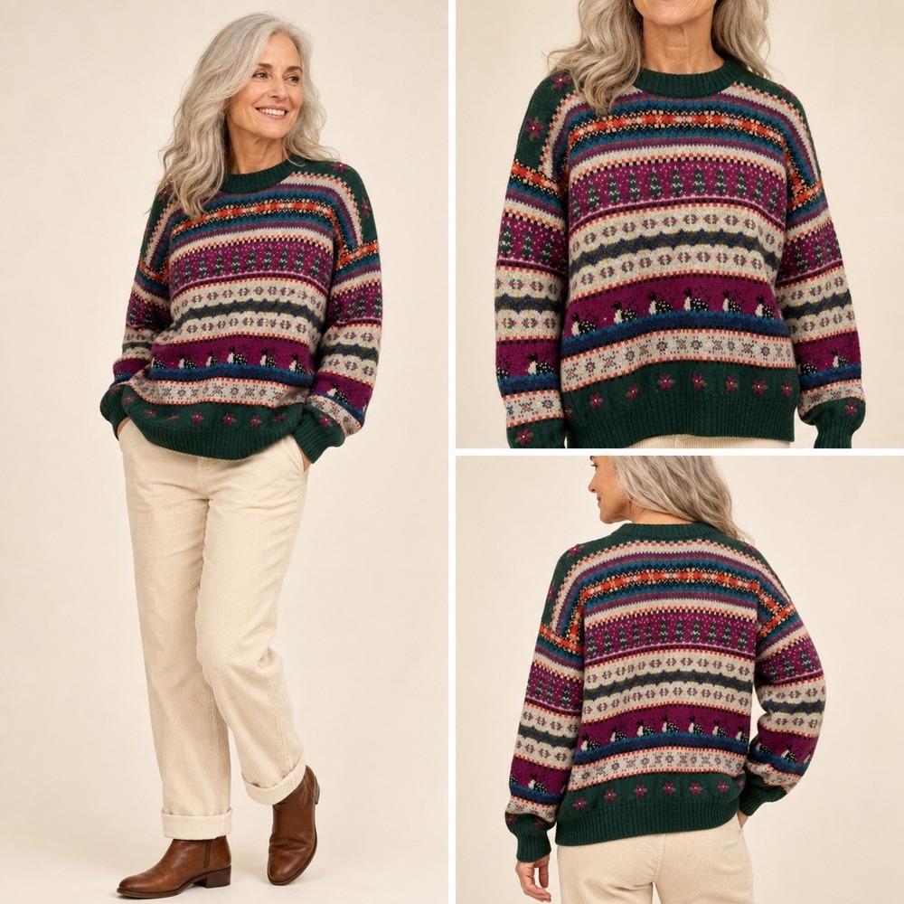 Vintage Woolrich Handframed Loon Duck Fair Isle Wool Sweater L Cottagecore